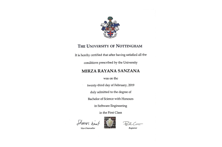 Mirza Rayana Sanzana Certificate