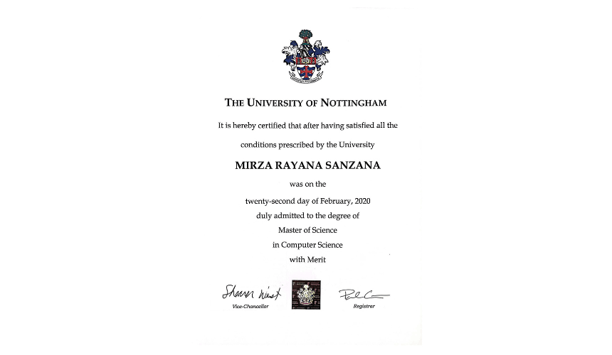 Mirza Rayana Sanzana Certificate